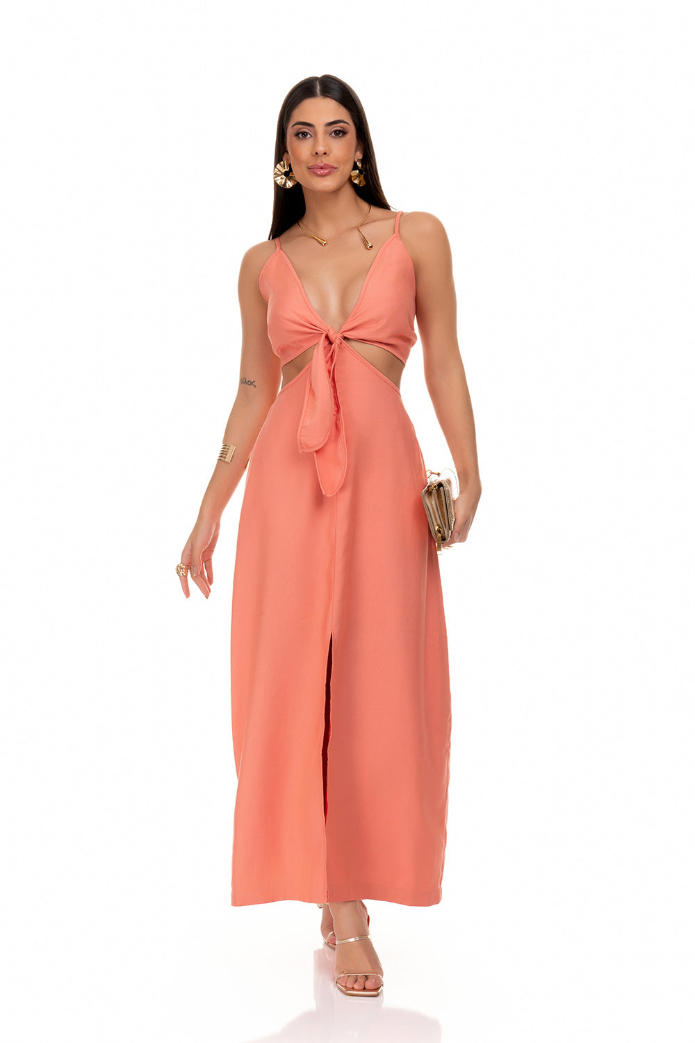 Vestido De Alfaiataria Com Abertura Frontal Salmon Frysaide