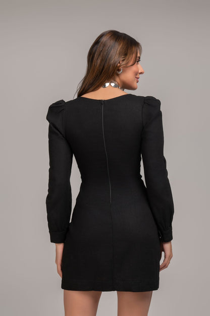 Vestido De Linho Com Recortes Preto Frysaide