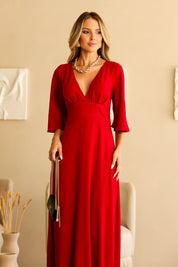 Vestido De Viscose Com Decote Vermelho Frysaide