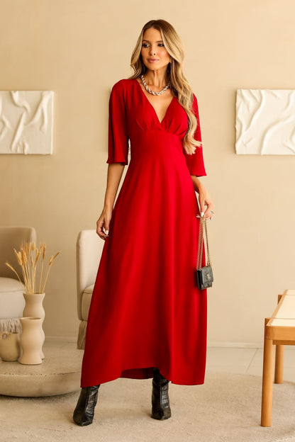 Vestido De Viscose Com Decote Vermelho Frysaide