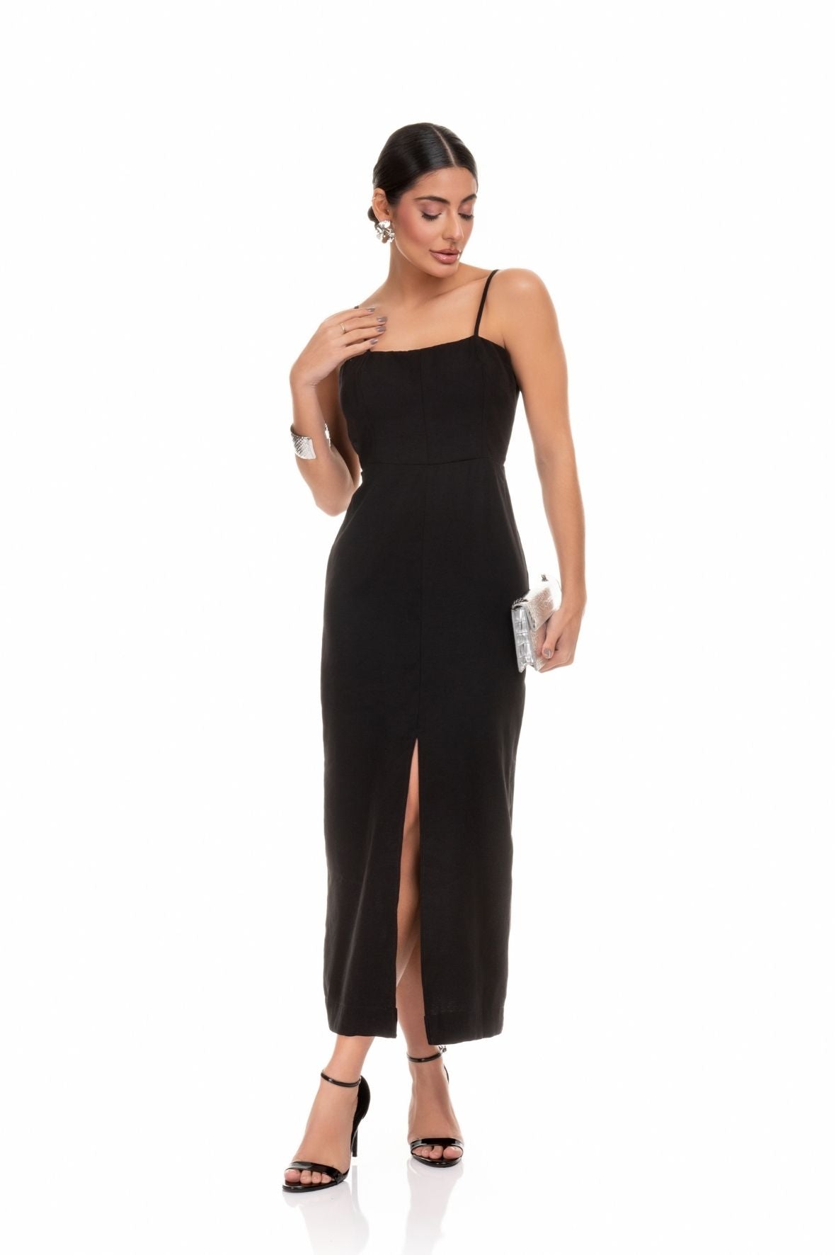 Vestido Frysaide Midi Fenda Preto