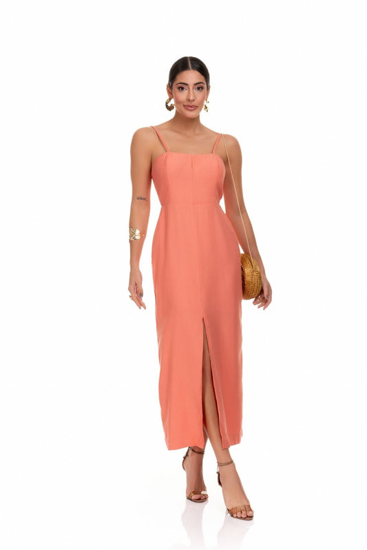 Vestido Frysaide Midi Fenda Salmão