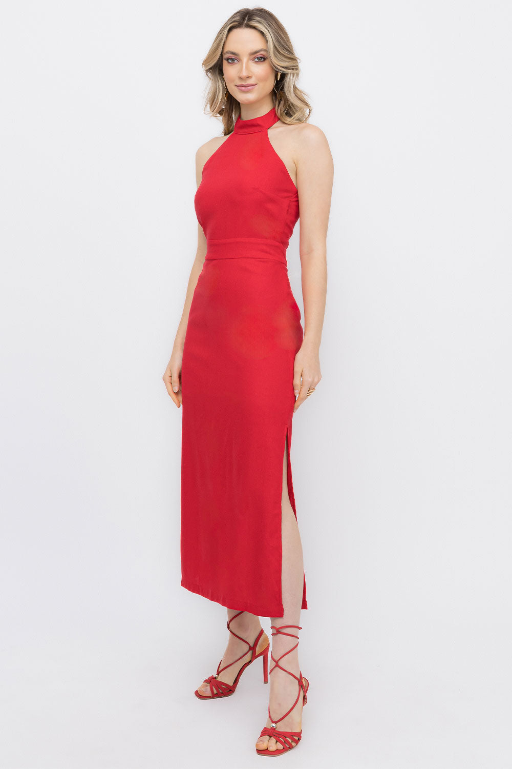 Vestido Linho Vermelho Frente Única Frysaide