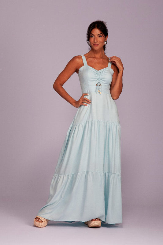 Vestido Longo Azul Claro Flô Maria Franzido