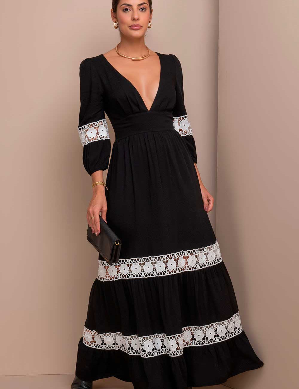 Vestido Longo Preto Guipir Frysaide