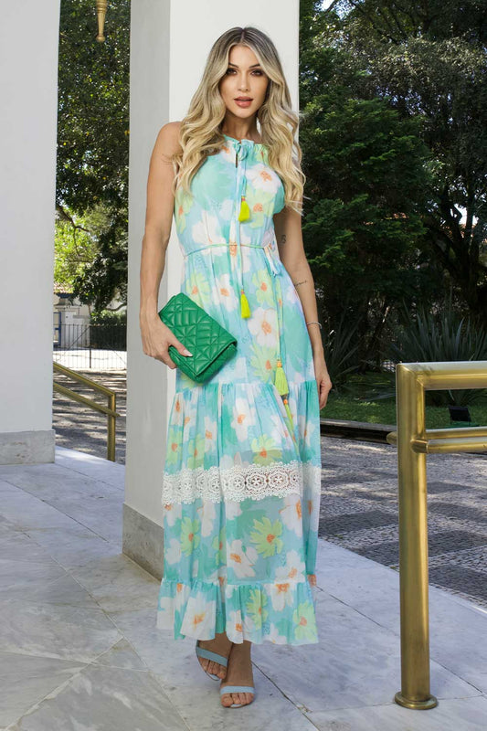 Vestido Longo Tule Estampado Guipir Frysaide