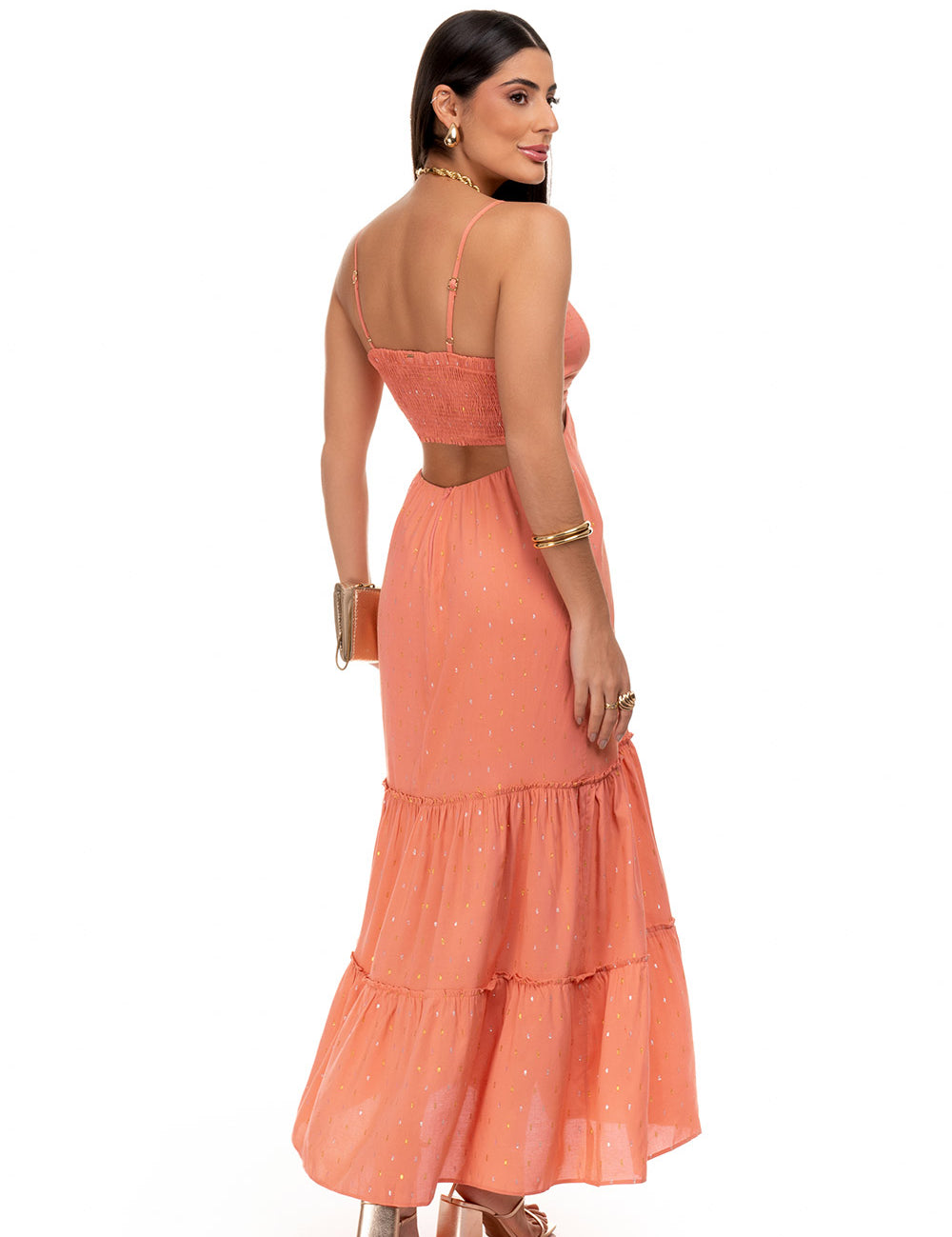 Vestido Metalizado Frysaide Salmão Decote
