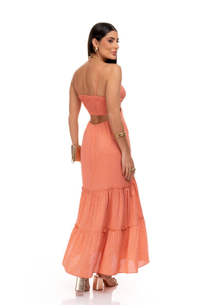 Vestido Metalizado Frysaide Salmão Decote