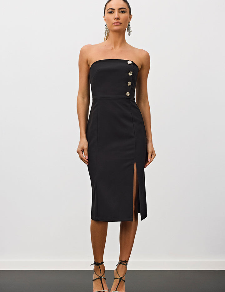 Vestido Midi Com Fenda Aba Com Botões Preto Meia Loka
