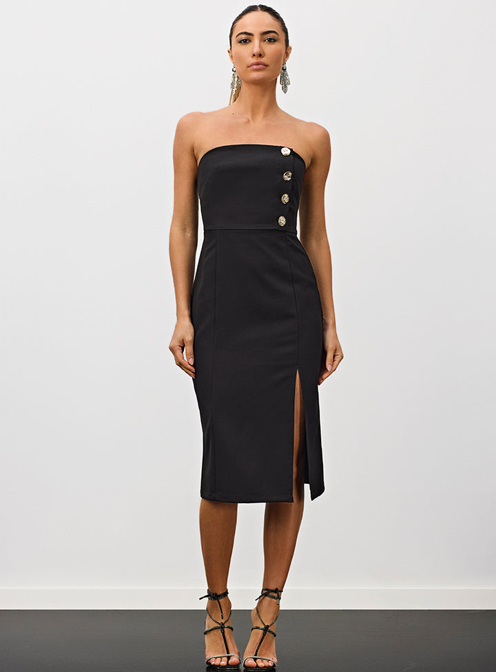 Vestido Midi Com Fenda Aba Com Botões Preto Meia Loka