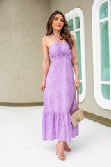 Vestido Midi Decote Franzido Laise Lavanda Frysaide Amarração