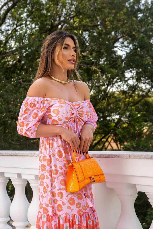 Vestido Midi Em Tule Ombro A Ombro Estampado Frysaide