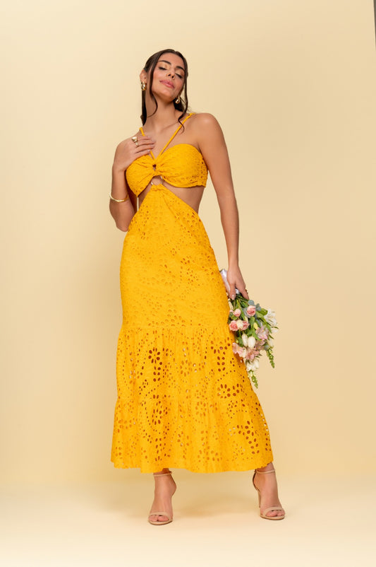 Vestido Midi Laise Frysaide Amarelo Argola Dourada