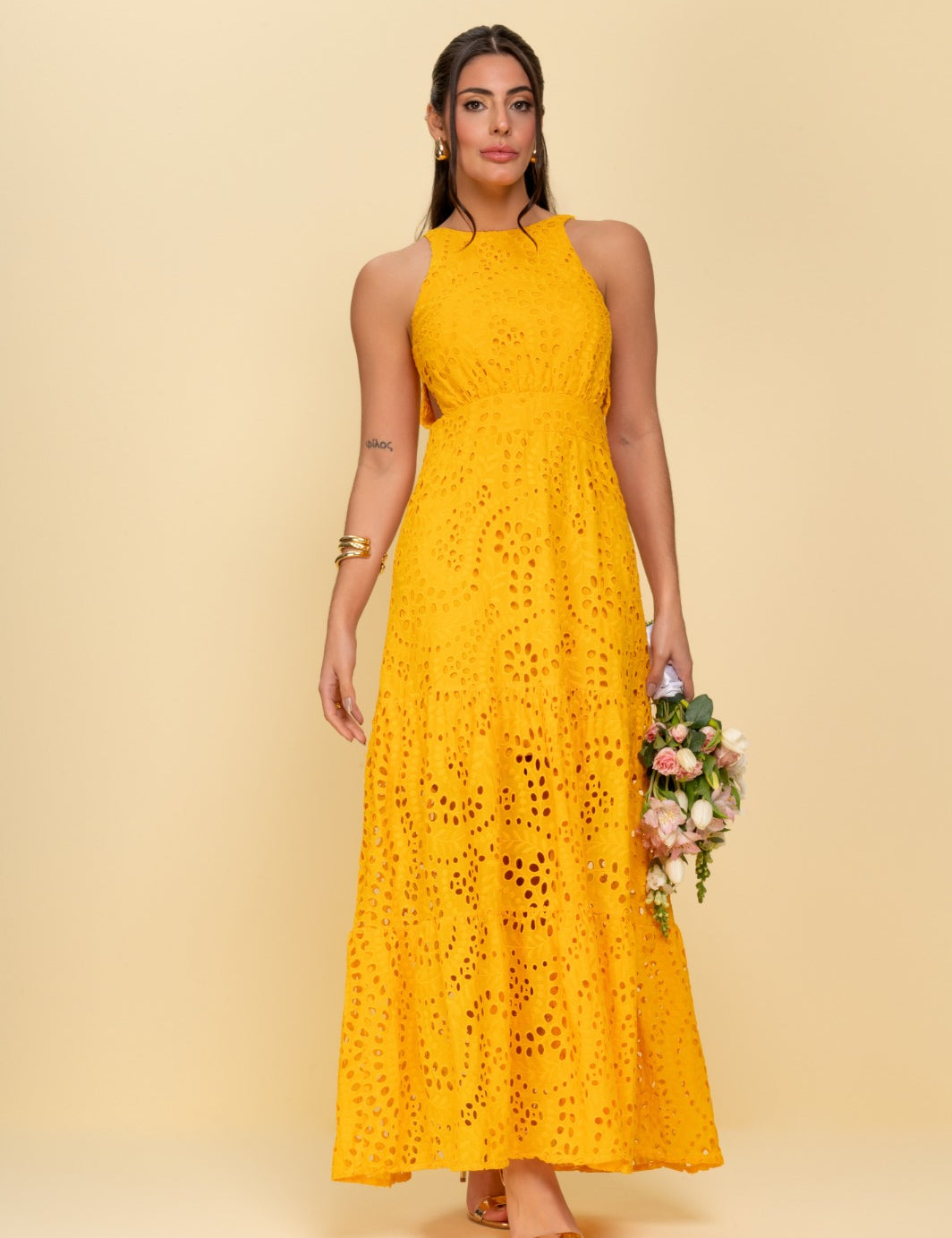 Vestido Midi Laise Frysaide Amarelo Decote Nas Costas