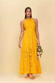 Vestido Midi Laise Frysaide Amarelo Decote Nas Costas
