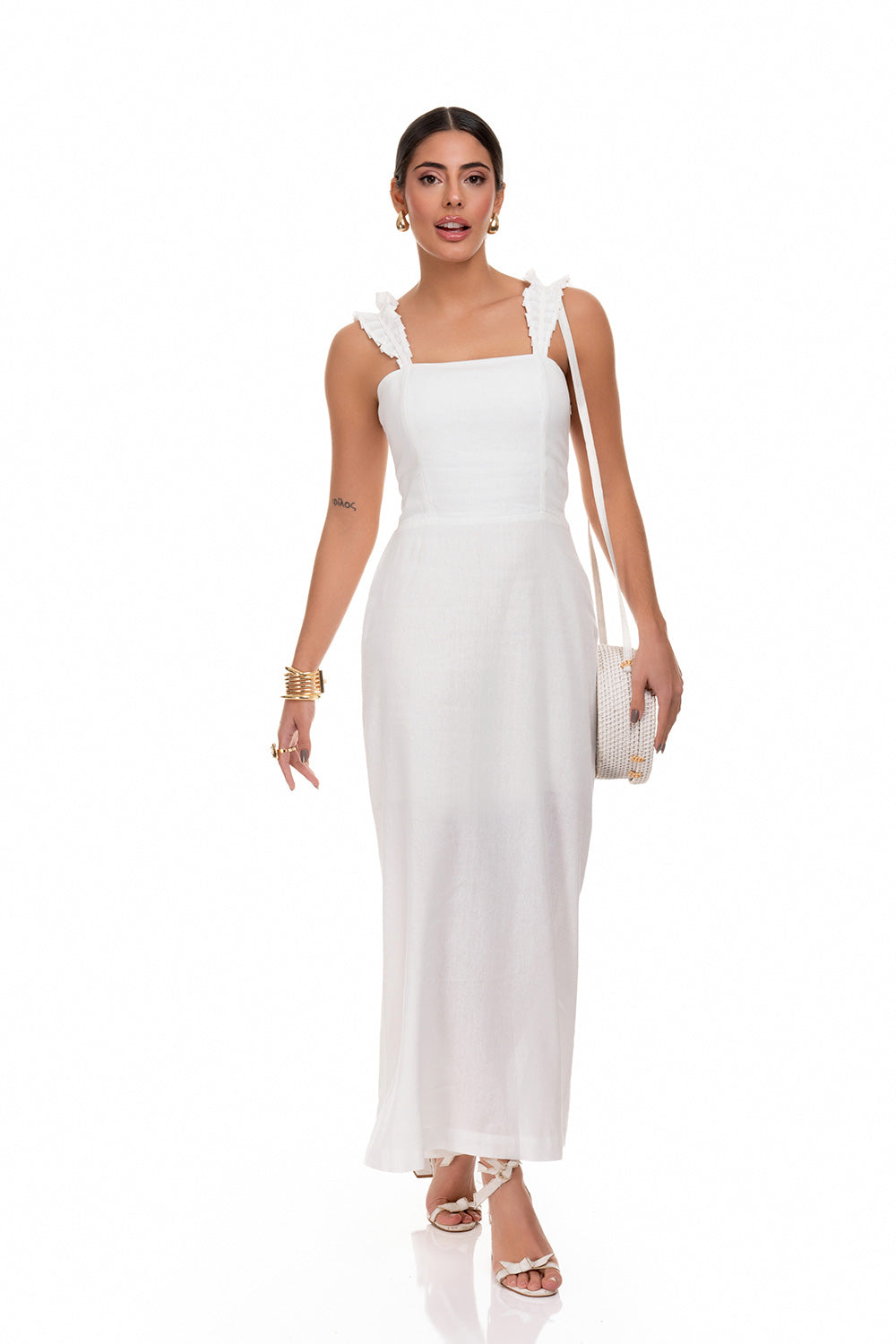 Vestido Midi Linho Bordado Frysaide Off White