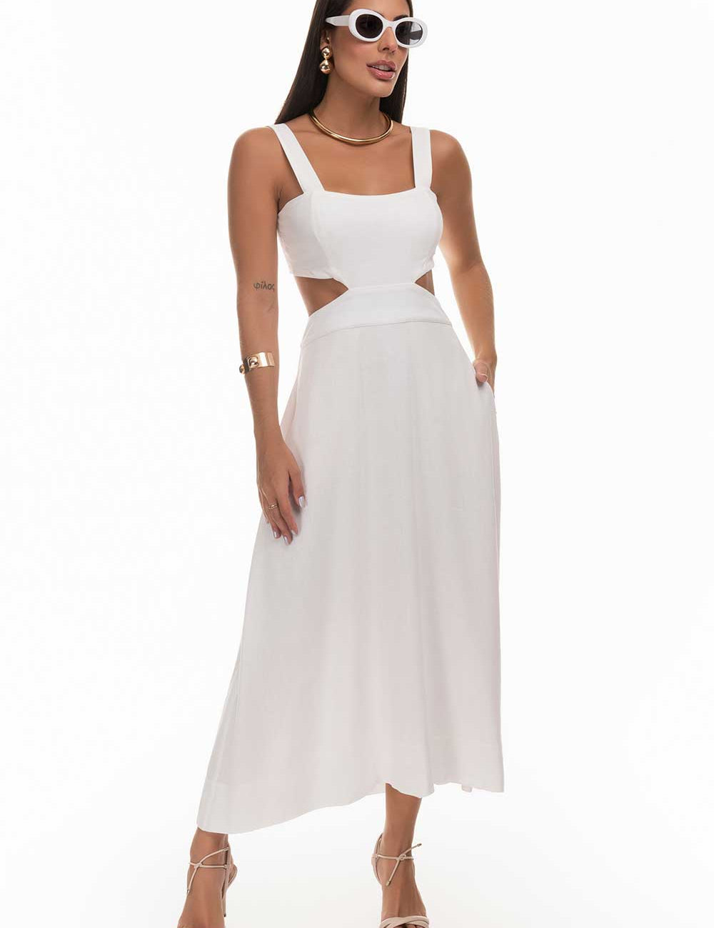 Vestido Midi Off White Recorte Frysaide
