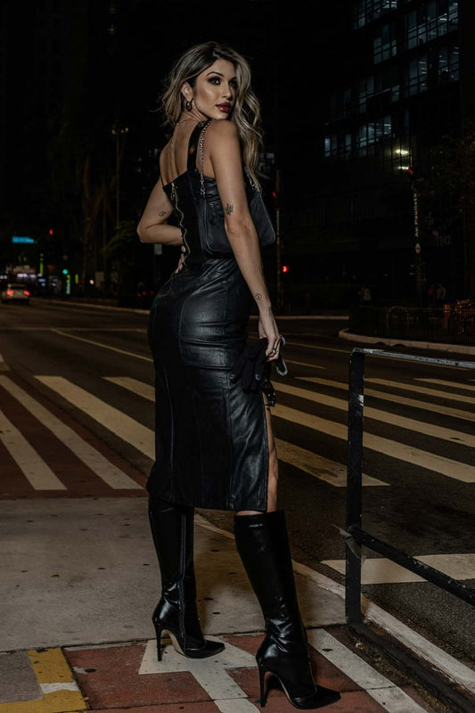 Vestido Midi Preto Couro Frysaide