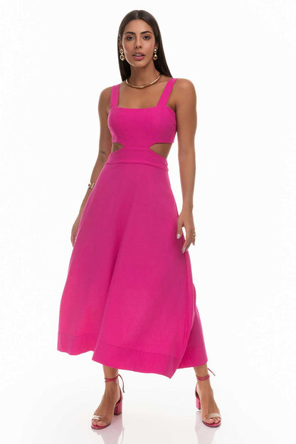 Vestido Midi Rosa Linho Recorte Frysaide