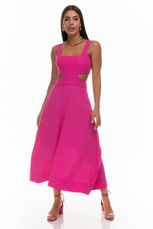 Vestido Midi Rosa Linho Recorte Frysaide