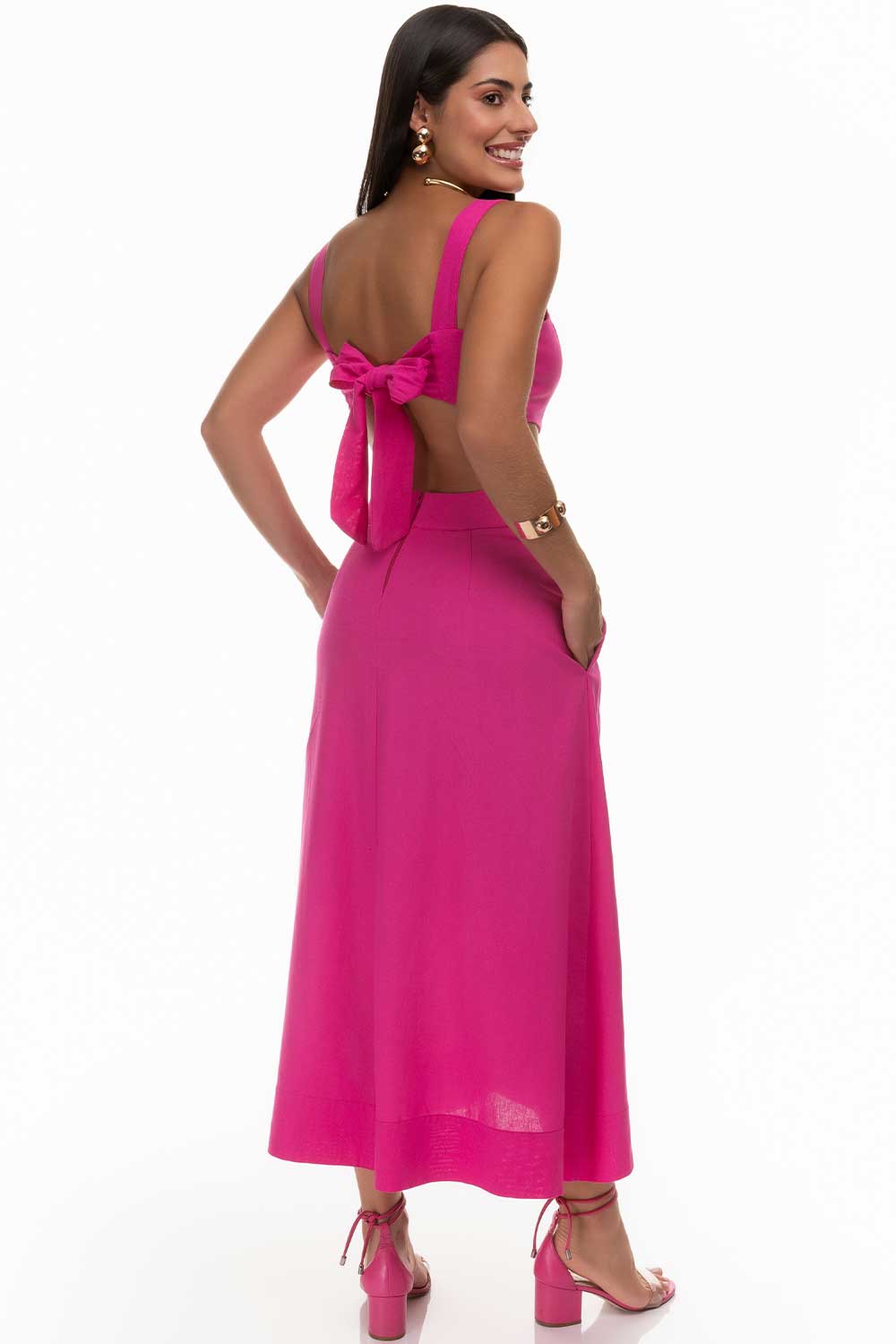 Vestido Midi Rosa Linho Recorte Frysaide
