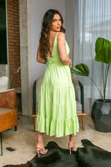 Vestido Midi Viscose Verde Pinacolada Decote Frysaide Alça Fina