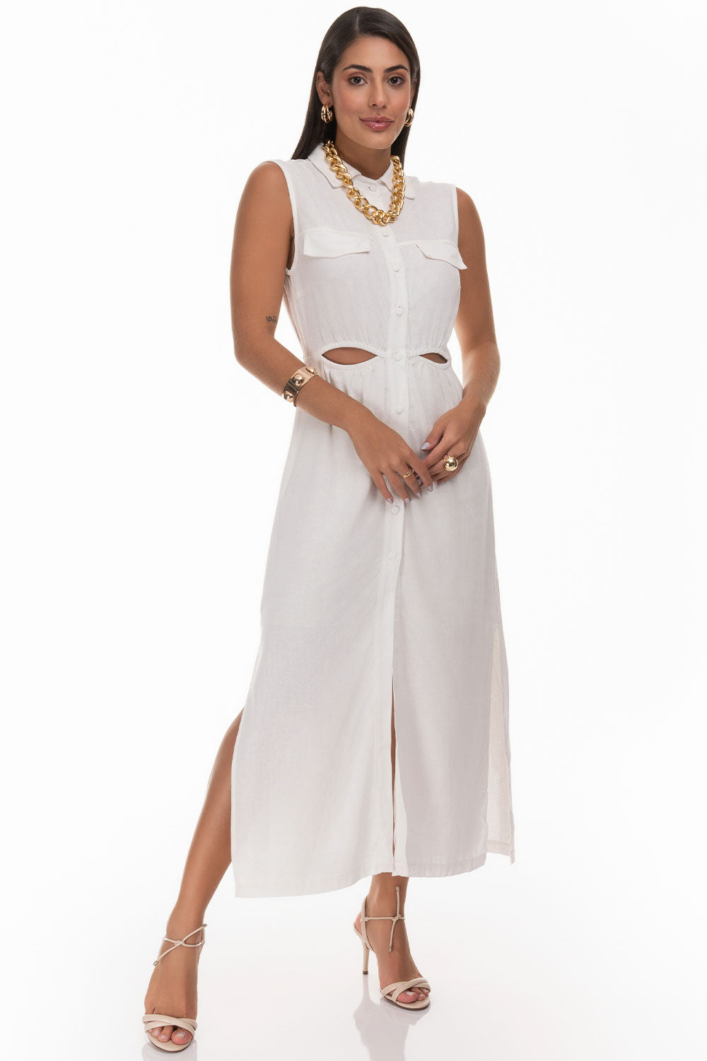 Vestido Off White Longuete Recorte Frysaide