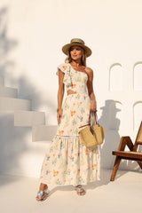 Vestido Renata Ombro Unico Estampa Petalas Ao Vento Estampado Frysaide